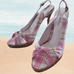 Charlotte Russe Womens White Sandals With Pink Plaid Open Toe Heels Size 8